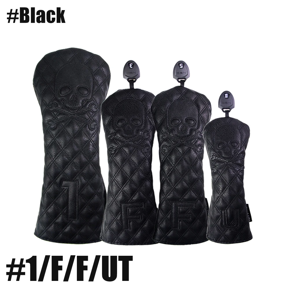 GLOOF Golf Skull Skeleton Head Cover Golf Club Black Leather cover set Fits Driver Fairway Wood Hybrid Golf supplies