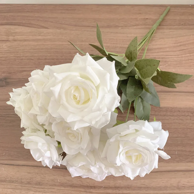 9Heads Roses Bouquet Artificial Flower Milk White Ivory White Rose Fake Rose Living Room  Decoration Wedding