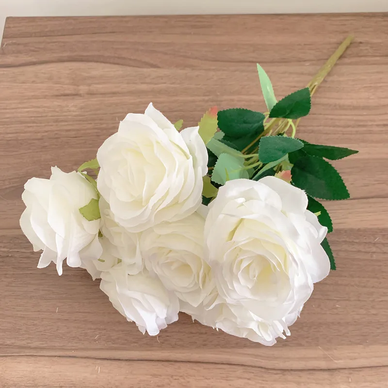 9Heads Roses Bouquet Artificial Flower Milk White Ivory White Rose Fake Rose Living Room  Decoration Wedding
