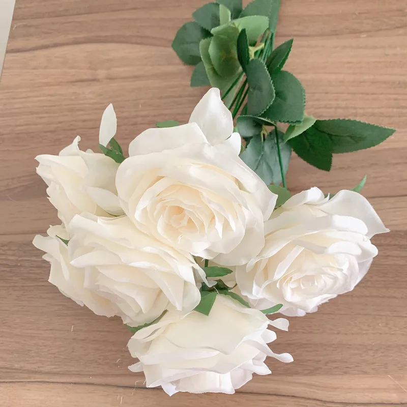 9Heads Roses Bouquet Artificial Flower Milk White Ivory White Rose Fake Rose Living Room  Decoration Wedding