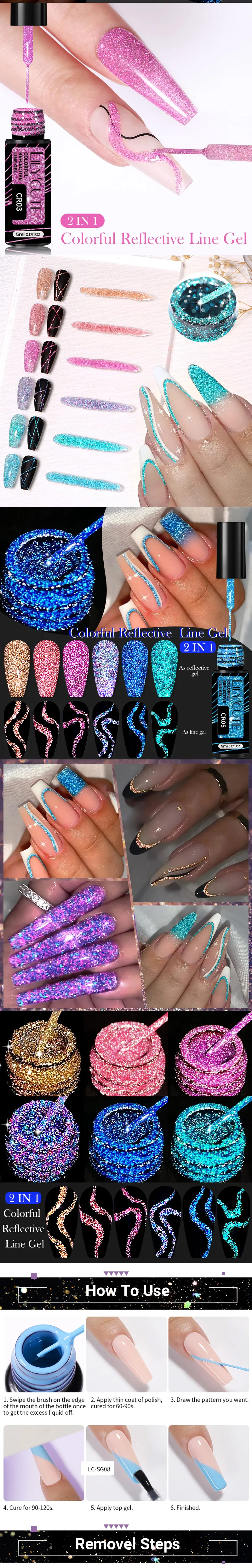 LILYCUTE 6Pcs/Set 5ml Reflective Glitter Liner Gel Polish Champagne Sparkling Lines Nail Art Painting Gel Semi Permanent UV Gel