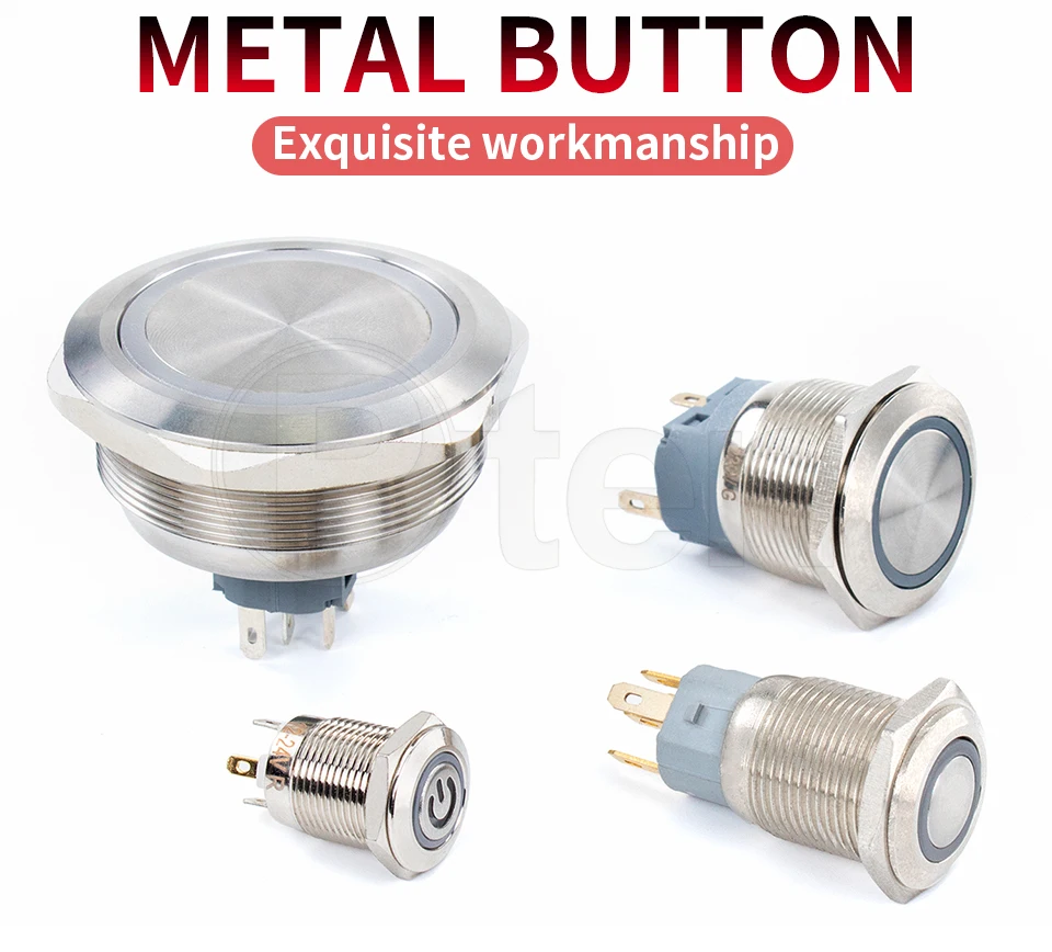 12 16 19 22mm With Wire Waterproof Metal Push Button Switch LED Ring/Power Light Momentary Latching 5/12/24/220V silver1NO1NC