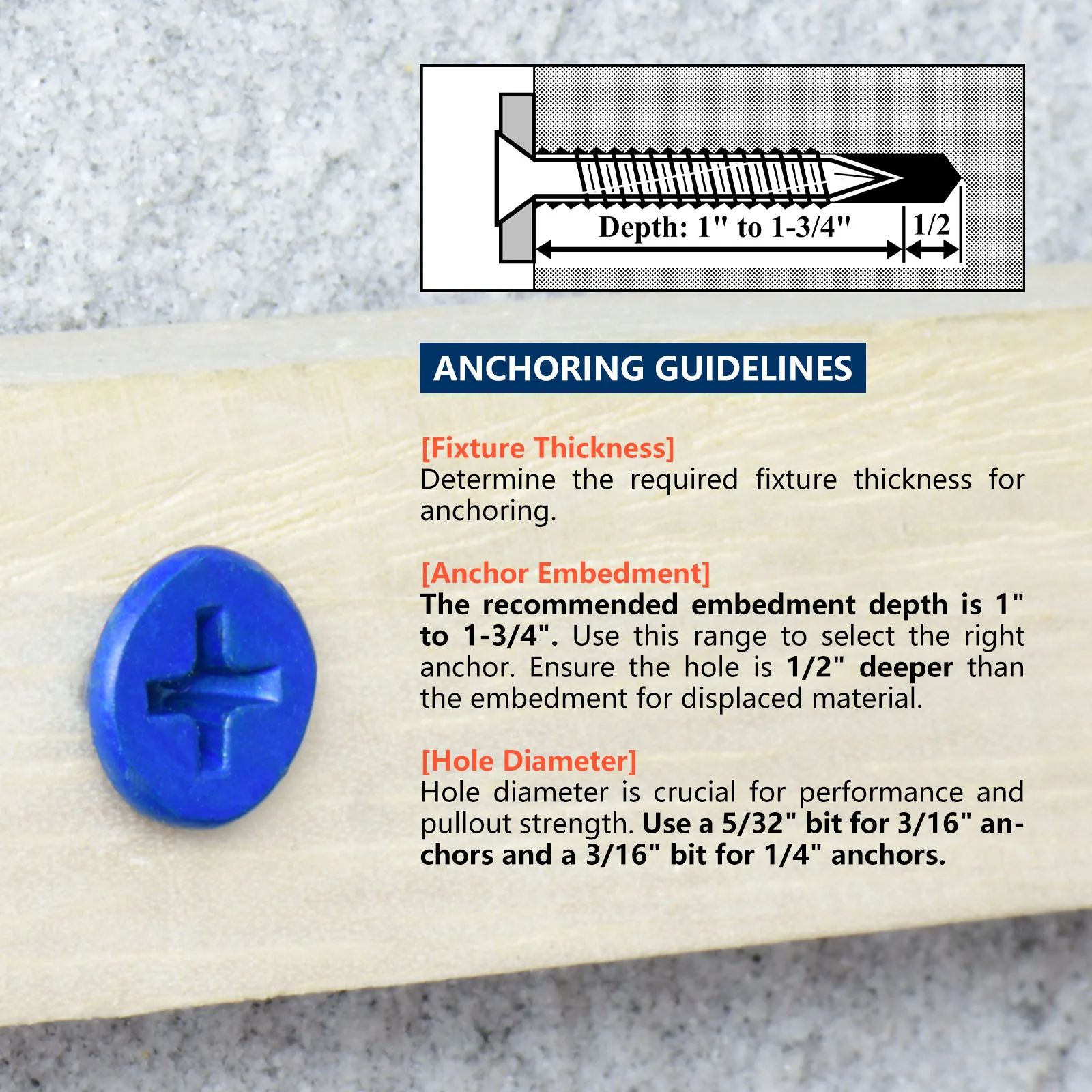 3/16" or 1/4" Concrete Screw Anchor Blue Flat Head Screws for Masonry Brick Block Cement Stucco (Boxed with Drill Bit)