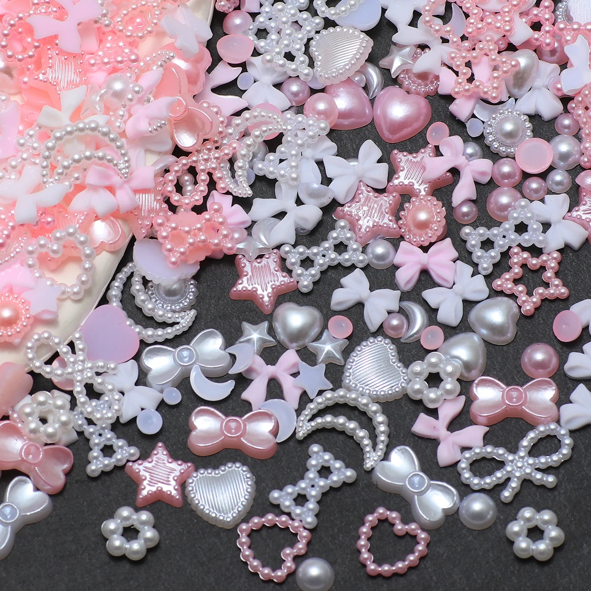 1 Box Nail Accessories 3D Nail Charm Resin Love Bow Pentagram Nail Accessories Mixed Pink White Resin Hollow Pearl for Manicure