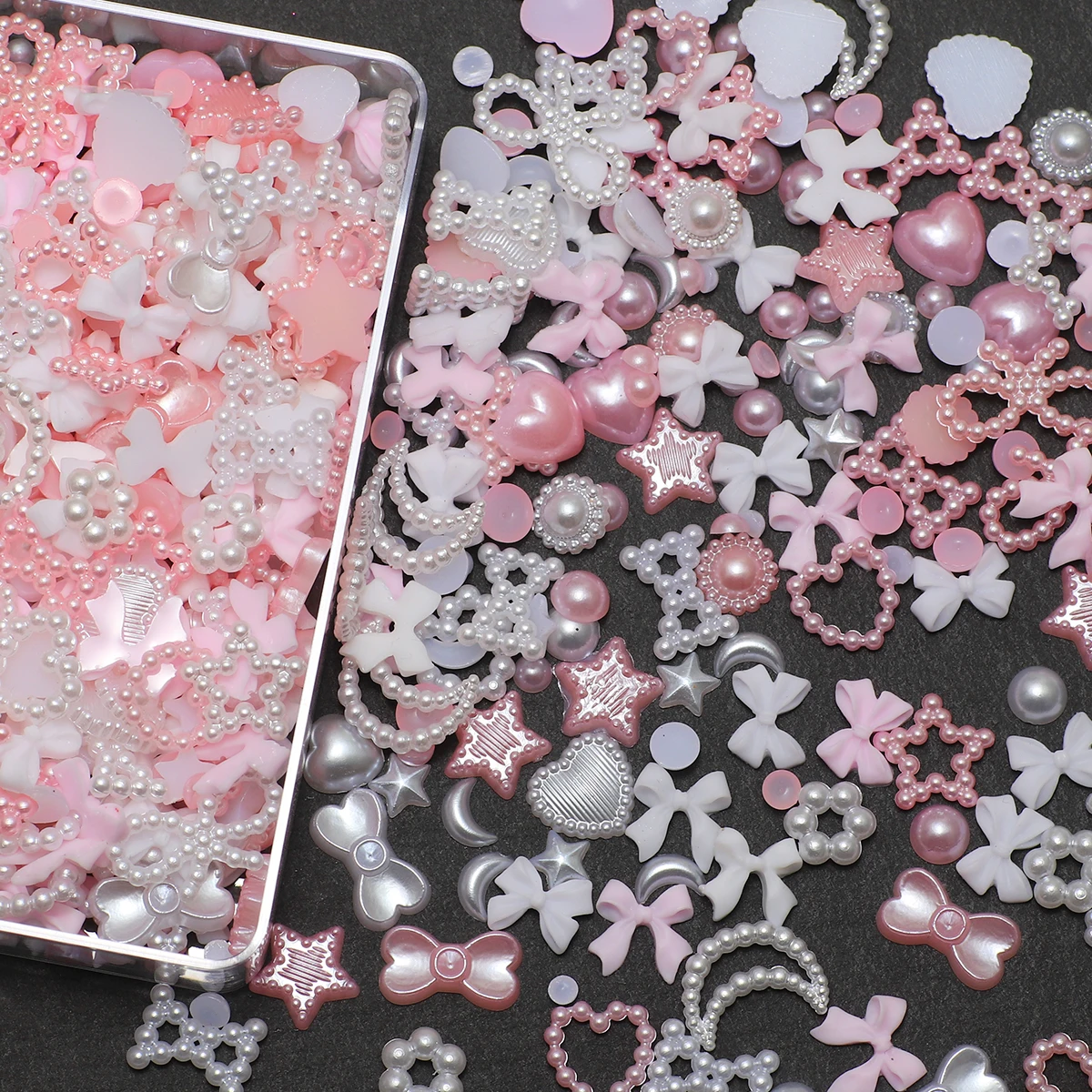 1 Box Nail Accessories 3D Nail Charm Resin Love Bow Pentagram Nail Accessories Mixed Pink White Resin Hollow Pearl for Manicure