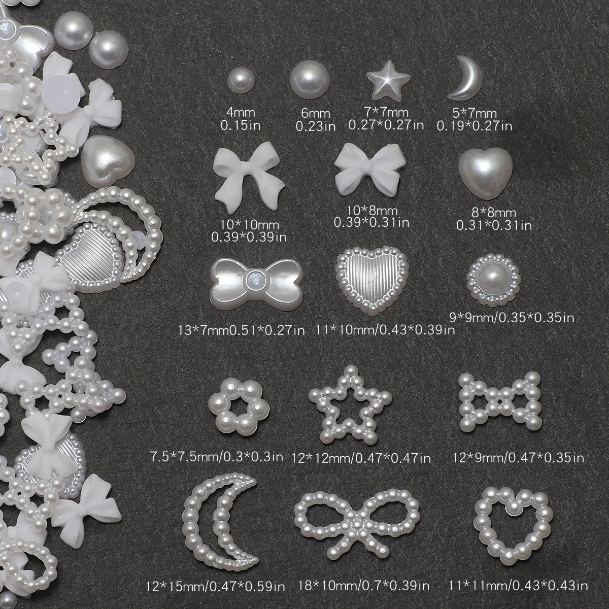 1 Box Nail Accessories 3D Nail Charm Resin Love Bow Pentagram Nail Accessories Mixed Pink White Resin Hollow Pearl for Manicure