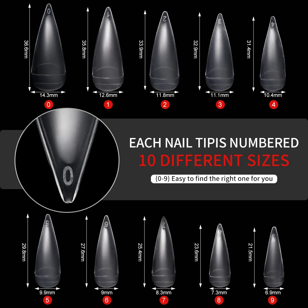 600pcs Extra Long Hawk Curved Nail Tips Full Cover Eagle Claw Curve False Nails Extension 10 Sizes Bag Packaging for Art Salon