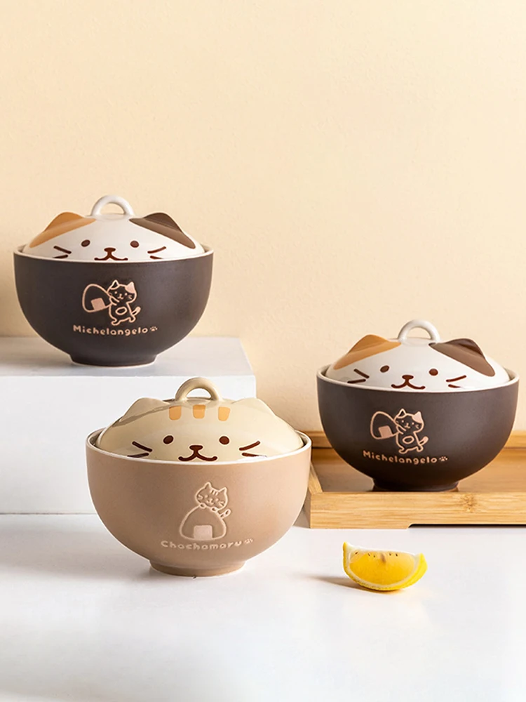 YWDL 550ml Cartoon Cat Ceramic Instant Noodle Bowl With Lid Underglaze Color Soup Salad Bowl Kitchen Office Student Lunch Box