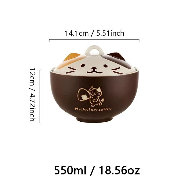 YWDL 550ml Cartoon Cat Ceramic Instant Noodle Bowl With Lid Underglaze Color Soup Salad Bowl Kitchen Office Student Lunch Box