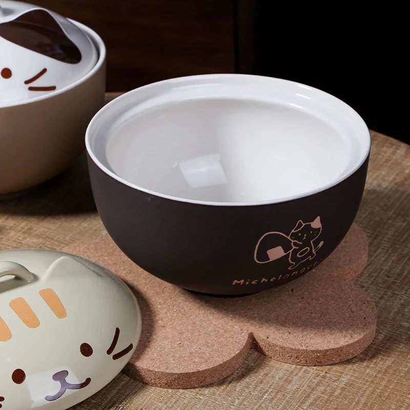 YWDL 550ml Cartoon Cat Ceramic Instant Noodle Bowl With Lid Underglaze Color Soup Salad Bowl Kitchen Office Student Lunch Box