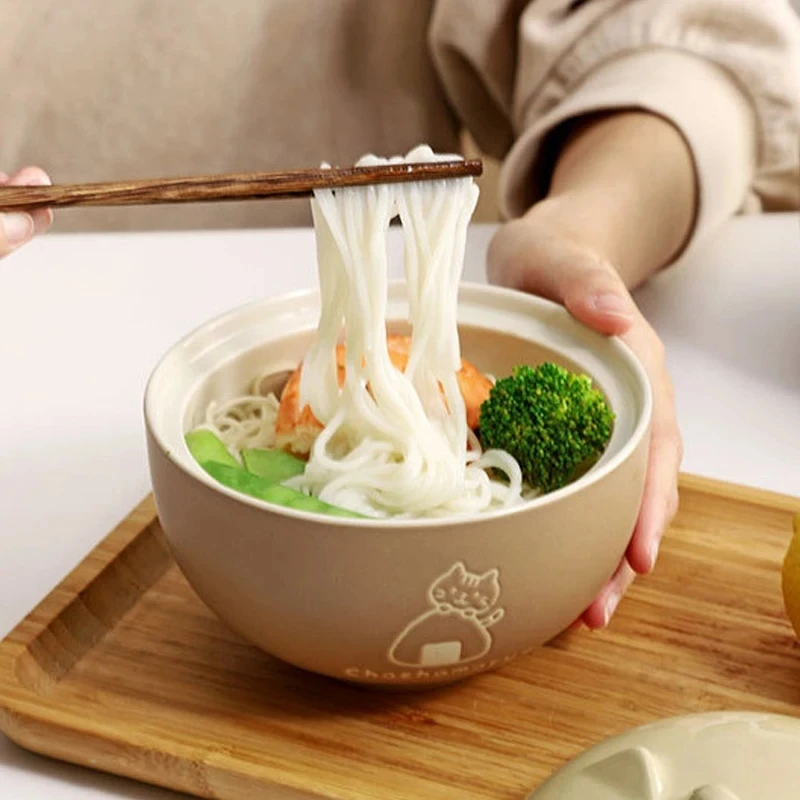 YWDL 550ml Cartoon Cat Ceramic Instant Noodle Bowl With Lid Underglaze Color Soup Salad Bowl Kitchen Office Student Lunch Box