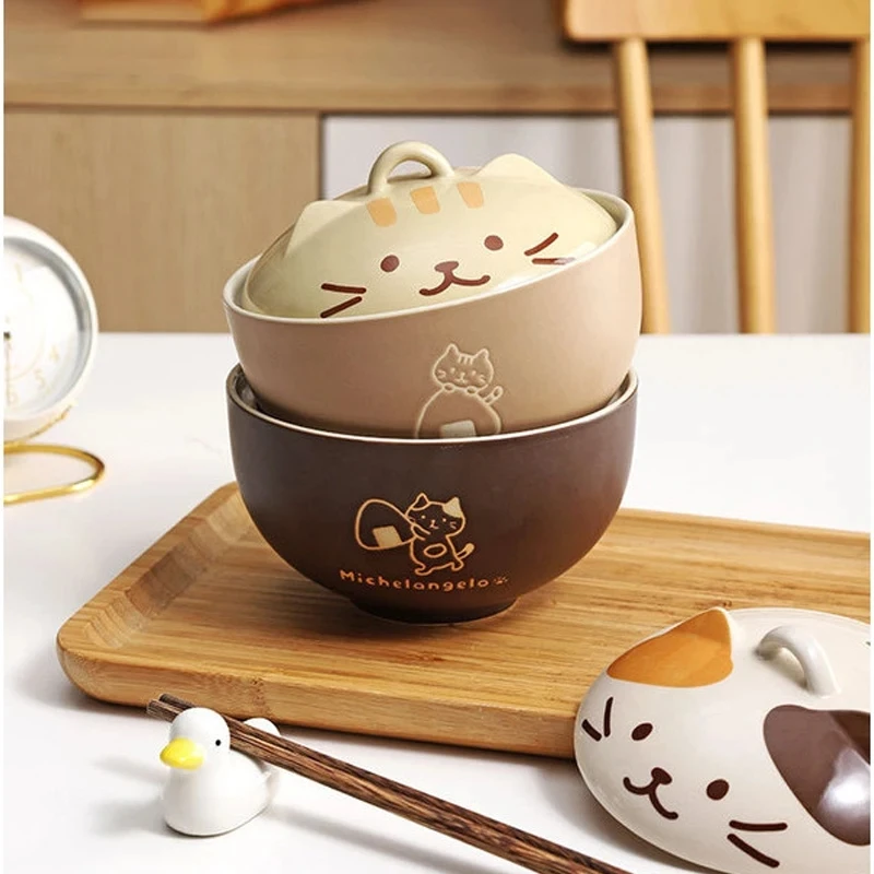 YWDL 550ml Cartoon Cat Ceramic Instant Noodle Bowl With Lid Underglaze Color Soup Salad Bowl Kitchen Office Student Lunch Box