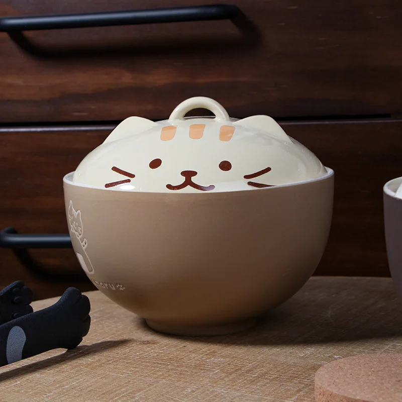 YWDL 550ml Cartoon Cat Ceramic Instant Noodle Bowl With Lid Underglaze Color Soup Salad Bowl Kitchen Office Student Lunch Box