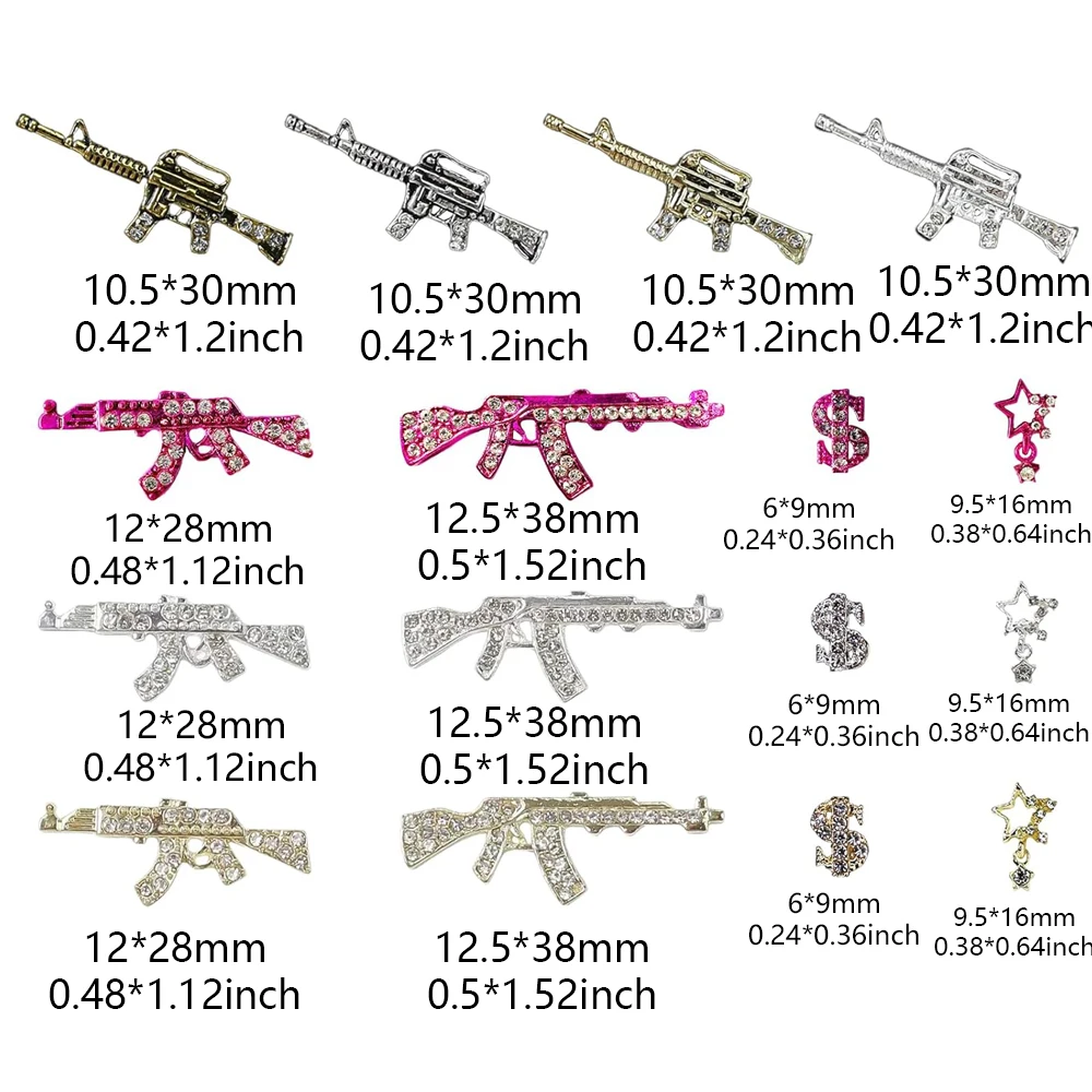 44PCS Gun Nail Charms Nail Art Rhinestone Alloy Gun Dollar Sign Star Nail Luxury Decoration for Acrylic Nails Accessories