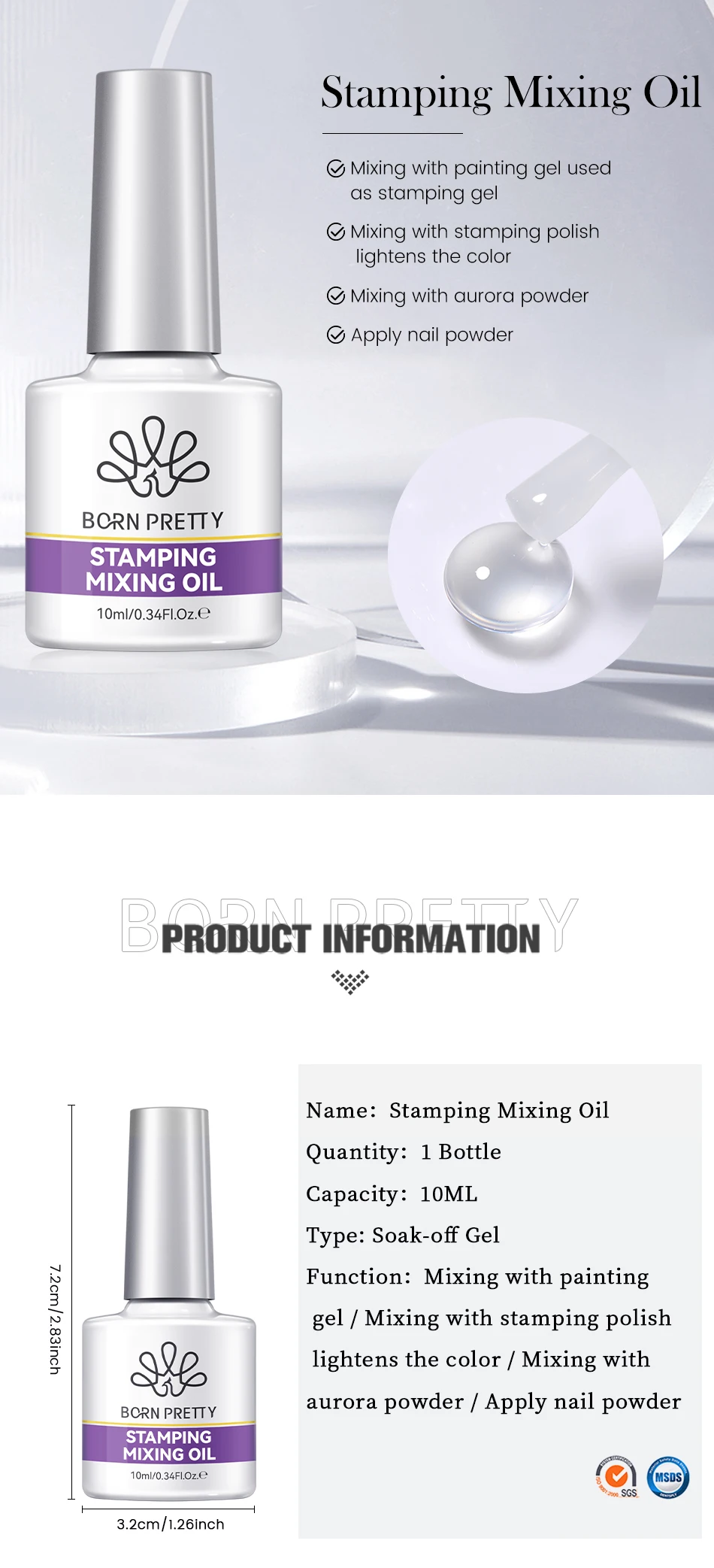BORN PRETTY 10ml Stamping Mixing Oil Printing Tool Painting Gel Stamping Polish Nail Art Powder Mixing And Apply Nail Powder