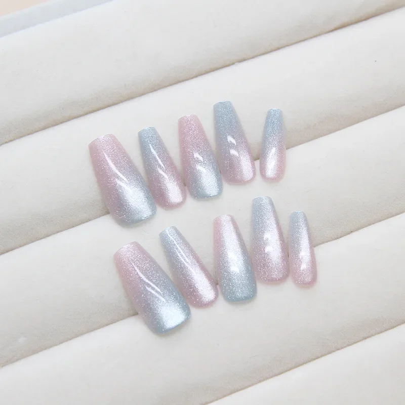 10 Pcs Cat's Eye Gradient Press on Nails Detachable Nail Flakes Nail Flakes Nail Handmade Mermaid Middle T Ballerina Nail