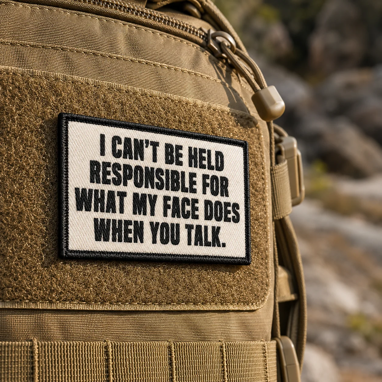 'I Can'T Be Held Responsible For What My Face Does When You Talk' - Humorous Hook And Loop Patch For Hats, Jeans, Coats