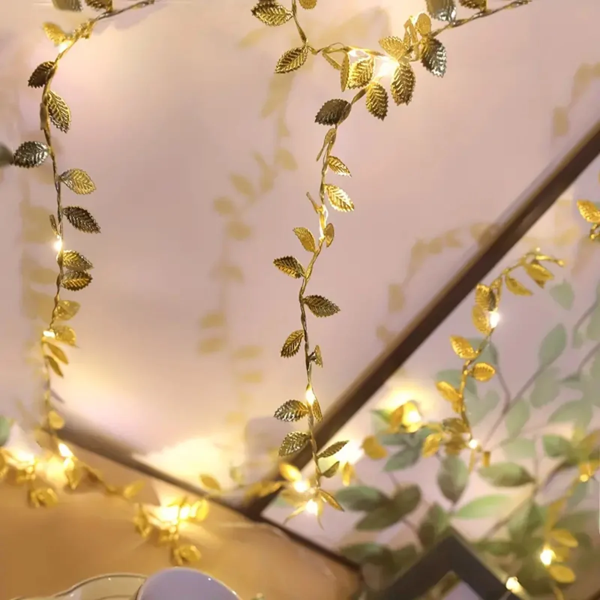 20/50/100LEDs Golden Silver Tiny Leaves Fairy Light Battery Powerd Artificial Plant Garland Vine Lights For Wedding Home Party