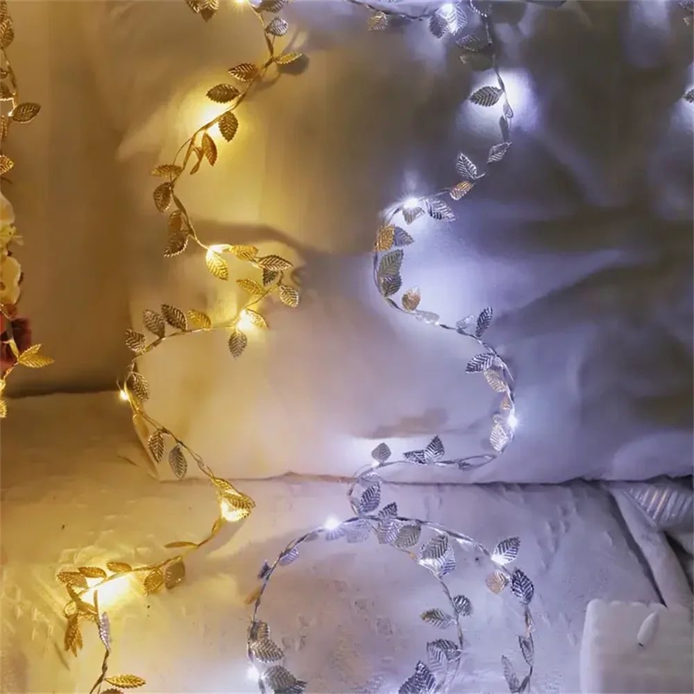 20/50/100LEDs Golden Silver Tiny Leaves Fairy Light Battery Powerd Artificial Plant Garland Vine Lights For Wedding Home Party