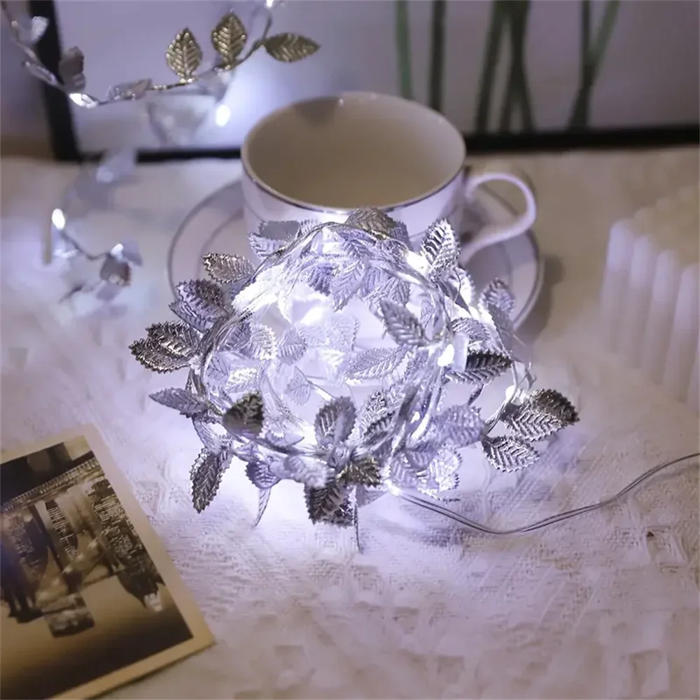 20/50/100LEDs Golden Silver Tiny Leaves Fairy Light Battery Powerd Artificial Plant Garland Vine Lights For Wedding Home Party