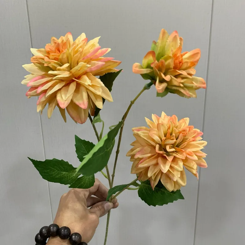 Lifelike Artificial Dahlia Flower with 3 Heads Long Branch Silk Flower for Home Wedding Decor Birthday Party Bedroom Decoration