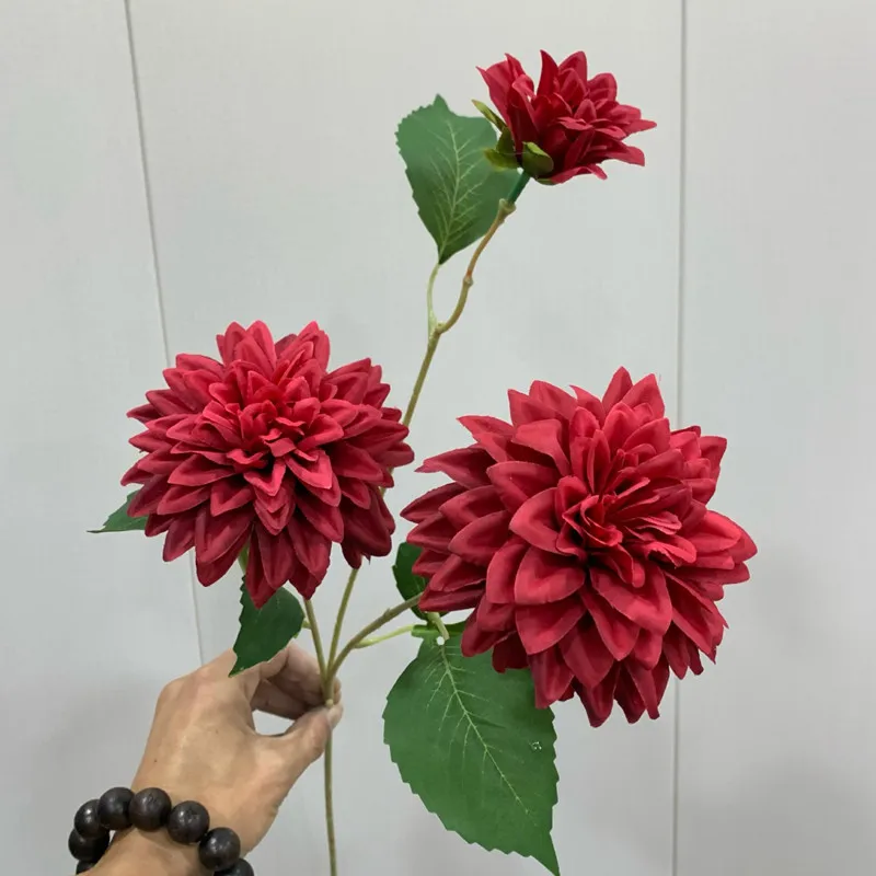 Lifelike Artificial Dahlia Flower with 3 Heads Long Branch Silk Flower for Home Wedding Decor Birthday Party Bedroom Decoration