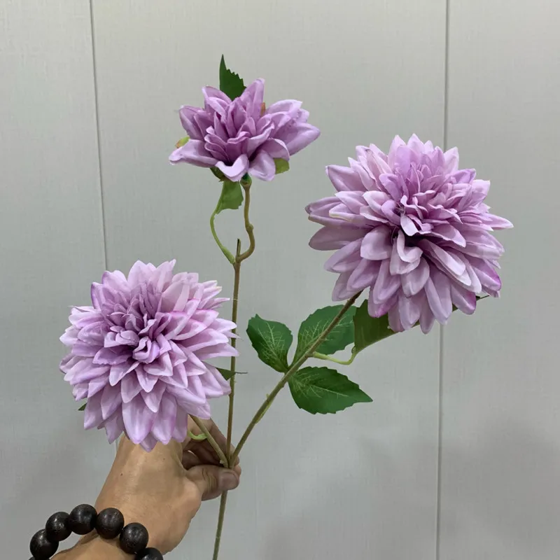 Lifelike Artificial Dahlia Flower with 3 Heads Long Branch Silk Flower for Home Wedding Decor Birthday Party Bedroom Decoration