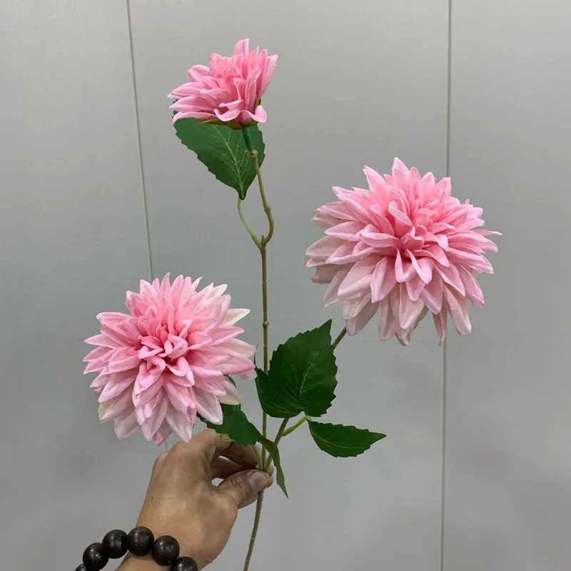 Lifelike Artificial Dahlia Flower with 3 Heads Long Branch Silk Flower for Home Wedding Decor Birthday Party Bedroom Decoration