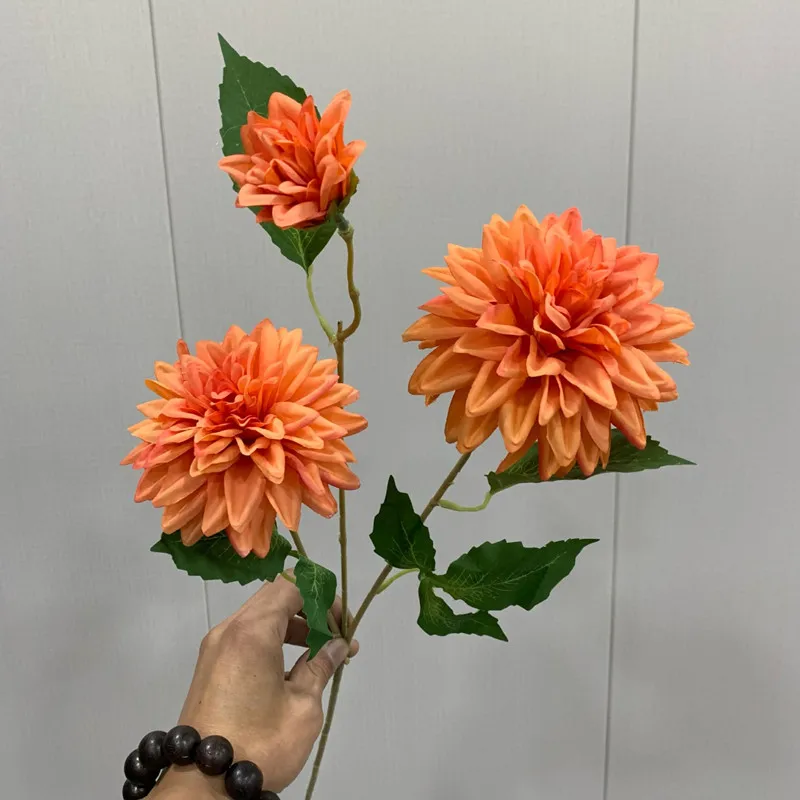 Lifelike Artificial Dahlia Flower with 3 Heads Long Branch Silk Flower for Home Wedding Decor Birthday Party Bedroom Decoration