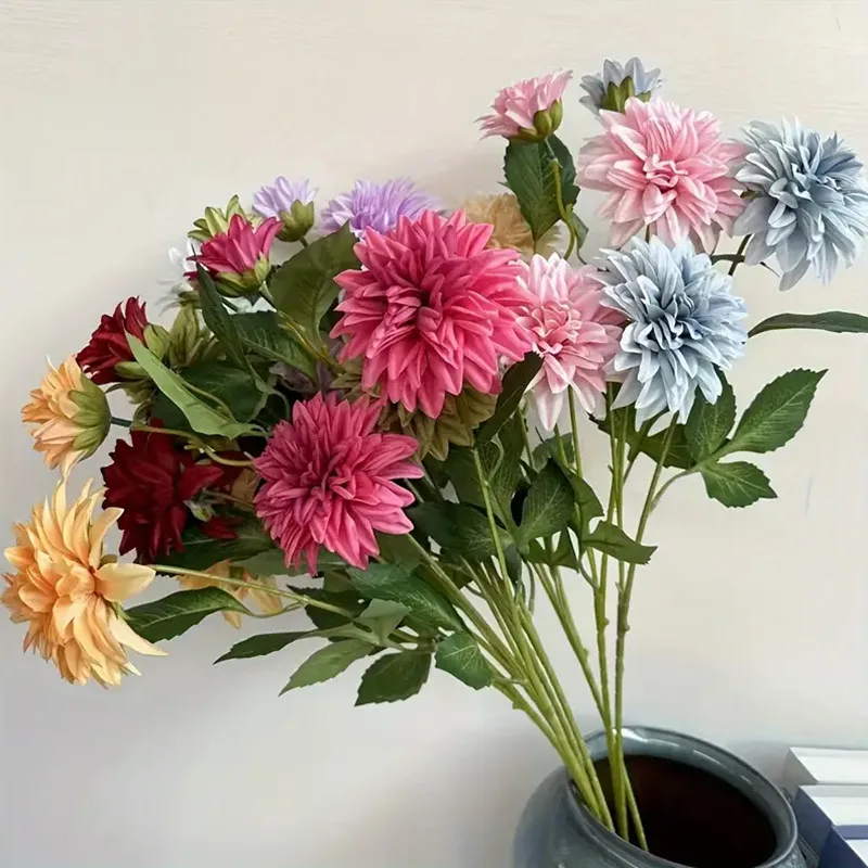 Lifelike Artificial Dahlia Flower with 3 Heads Long Branch Silk Flower for Home Wedding Decor Birthday Party Bedroom Decoration