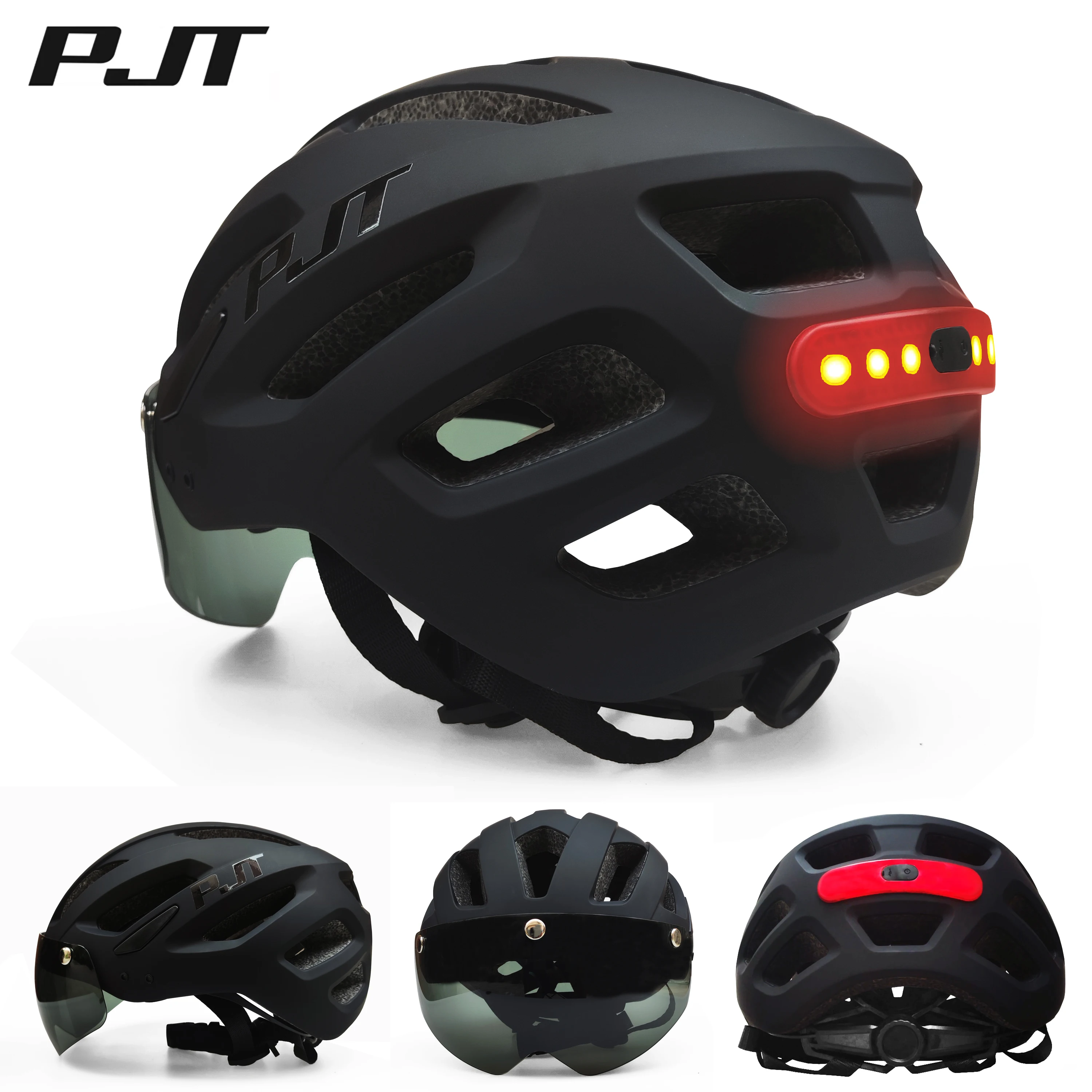 PJT New USB Rechargeable LED Taillight Bike Helmet Sun Visor Goggle Men Bicycle Helmet Sunglasses Riding Road MTB Cycling Helmet
