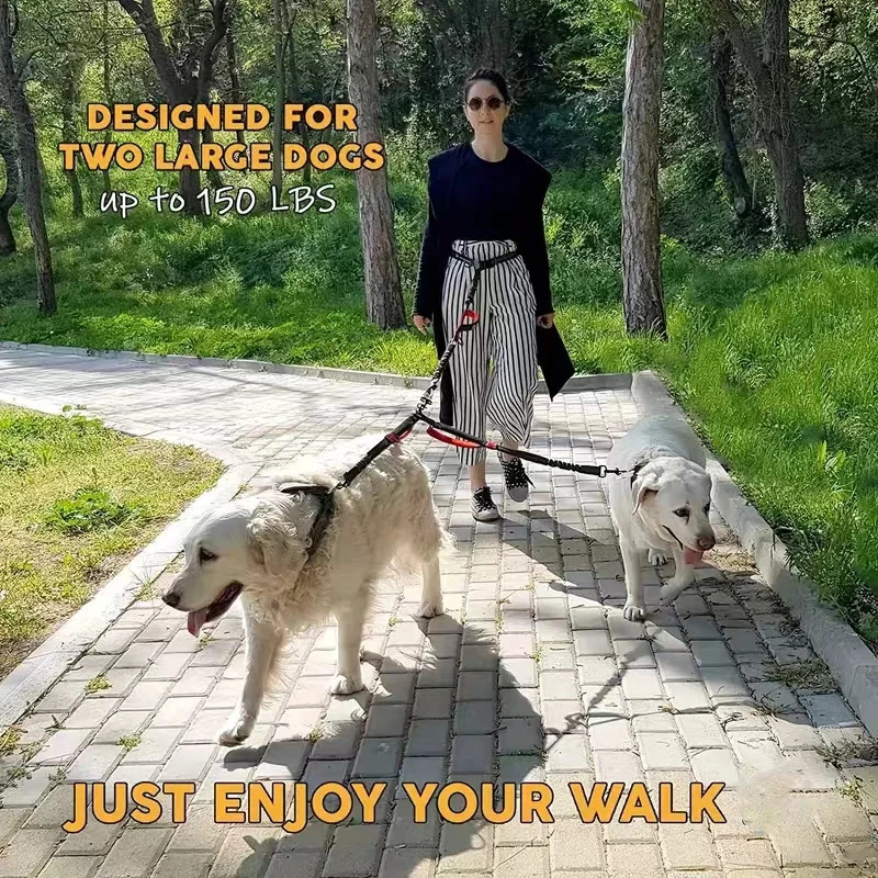 Dual Dog Leash Coupler - Comfort Padded Handles, No-Tangle, No-Pull Bungee Leash - 360° Swivel, Reflective, Shock Absorbing - Pe