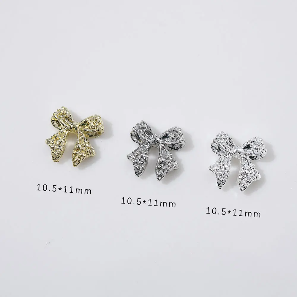 50Pcs 3D Luxury Shiny Metal Bow Nail Charms 10.5*11mm Alloy Gold Silver Ribbon Bowknots Nail Art Jewelry Cute Nail Art Accessor