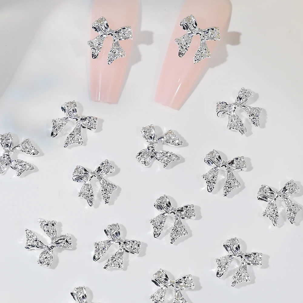 50Pcs 3D Luxury Shiny Metal Bow Nail Charms 10.5*11mm Alloy Gold Silver Ribbon Bowknots Nail Art Jewelry Cute Nail Art Accessor
