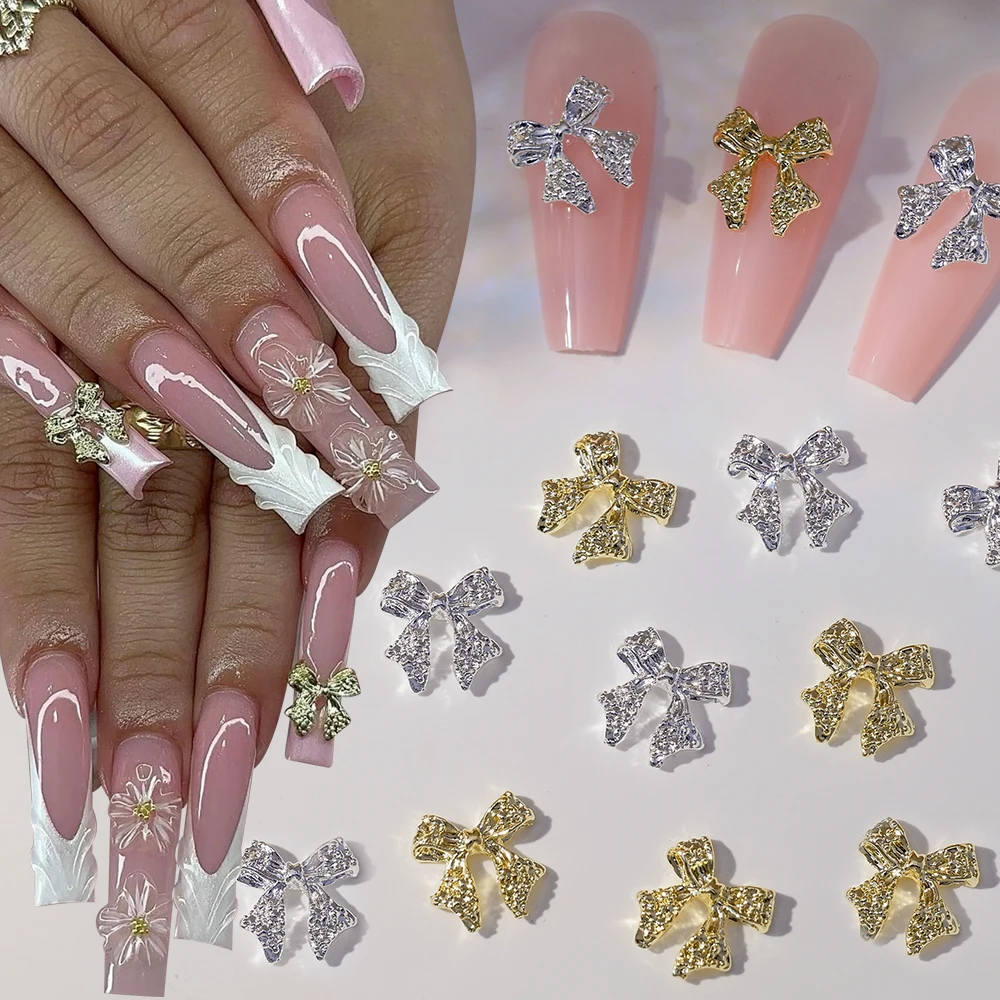 50Pcs 3D Luxury Shiny Metal Bow Nail Charms 10.5*11mm Alloy Gold Silver Ribbon Bowknots Nail Art Jewelry Cute Nail Art Accessor