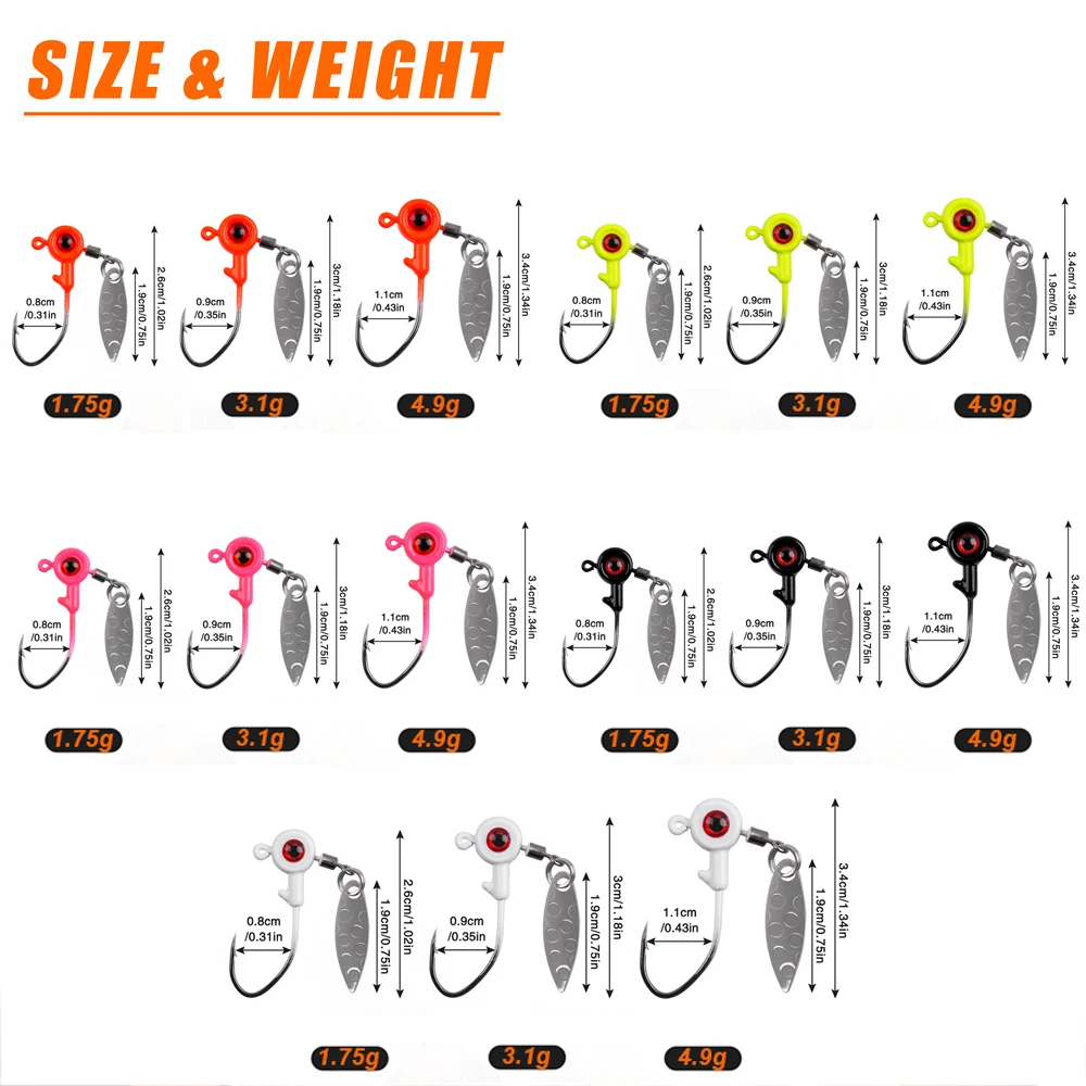 10Pcs Fishing Jig Heads Underspin Spinner Blade 3D Eyes Painted Fishing Lure Crappie Jig hooks for Bass Walleye Trout Fishing