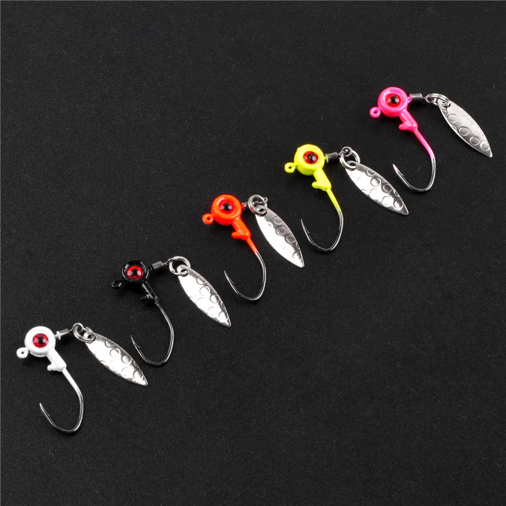 10Pcs Fishing Jig Heads Underspin Spinner Blade 3D Eyes Painted Fishing Lure Crappie Jig hooks for Bass Walleye Trout Fishing