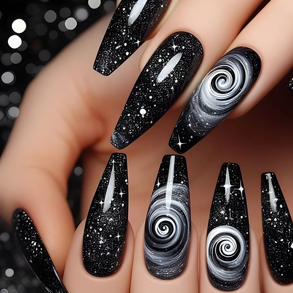 24pcs/set Medium Long Fake Nails Square Ballet Nail Tips Glitters Starry Sky Moon Star Feather Design Press On False Nail Art