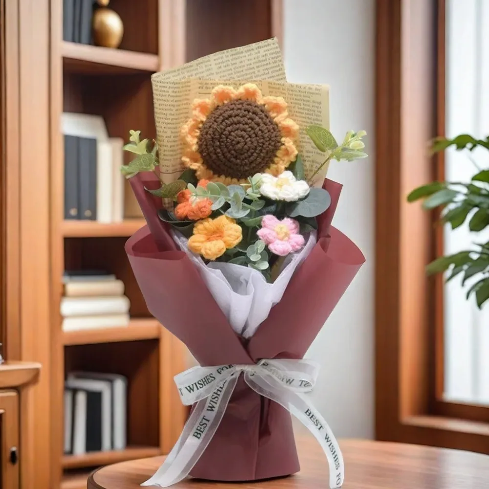 Artificial Flower Crochet Bouquet Handmade Anniversary Sunflower Daisy Bouquet Mothers Day Birthday Gift Eternal Flower