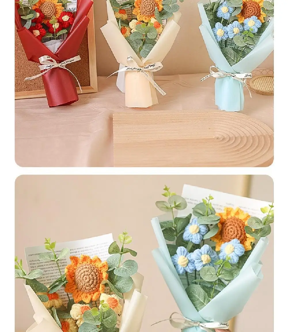 Artificial Flower Crochet Bouquet Handmade Anniversary Sunflower Daisy Bouquet Mothers Day Birthday Gift Eternal Flower