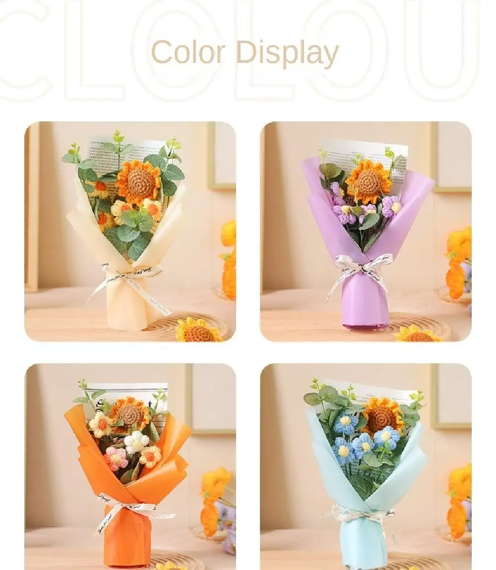 Artificial Flower Crochet Bouquet Handmade Anniversary Sunflower Daisy Bouquet Mothers Day Birthday Gift Eternal Flower