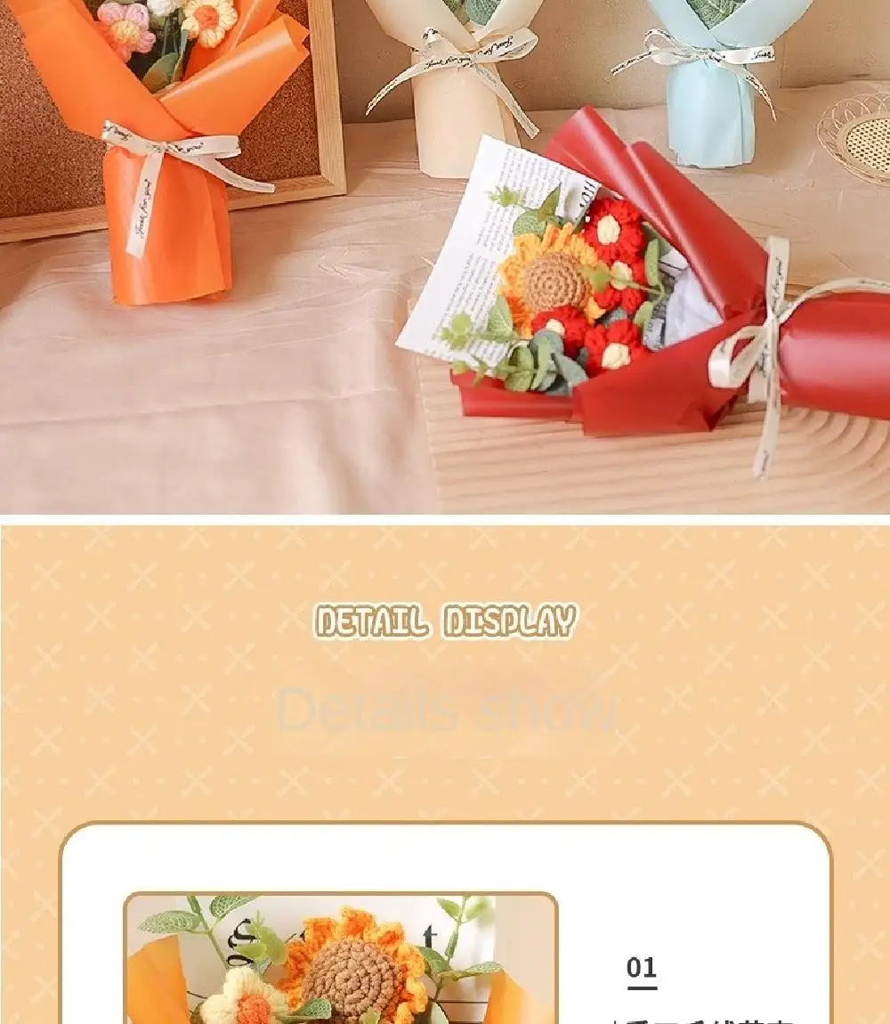 Artificial Flower Crochet Bouquet Handmade Anniversary Sunflower Daisy Bouquet Mothers Day Birthday Gift Eternal Flower