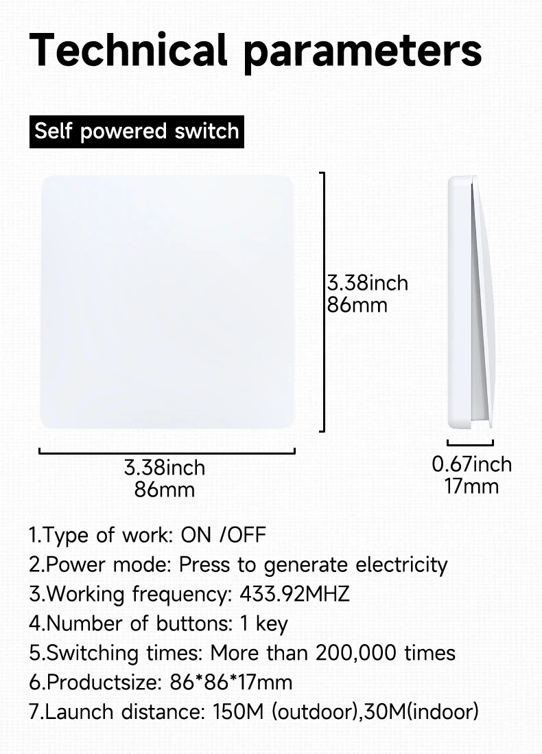 QX-305 Self-powered Required Light Switch 10A 110V-240V 1 Gang Kinetic Switch Wireless Remote Control Switch