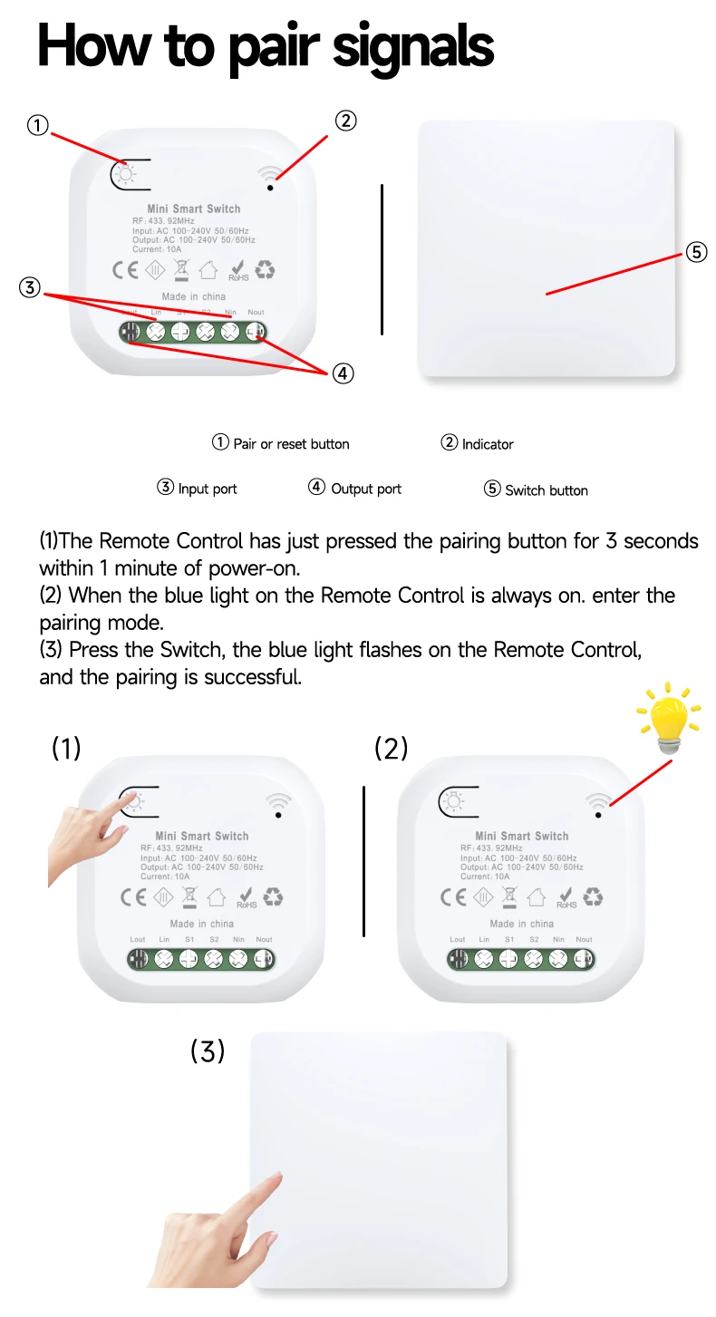 QX-305 Self-powered Required Light Switch 10A 110V-240V 1 Gang Kinetic Switch Wireless Remote Control Switch