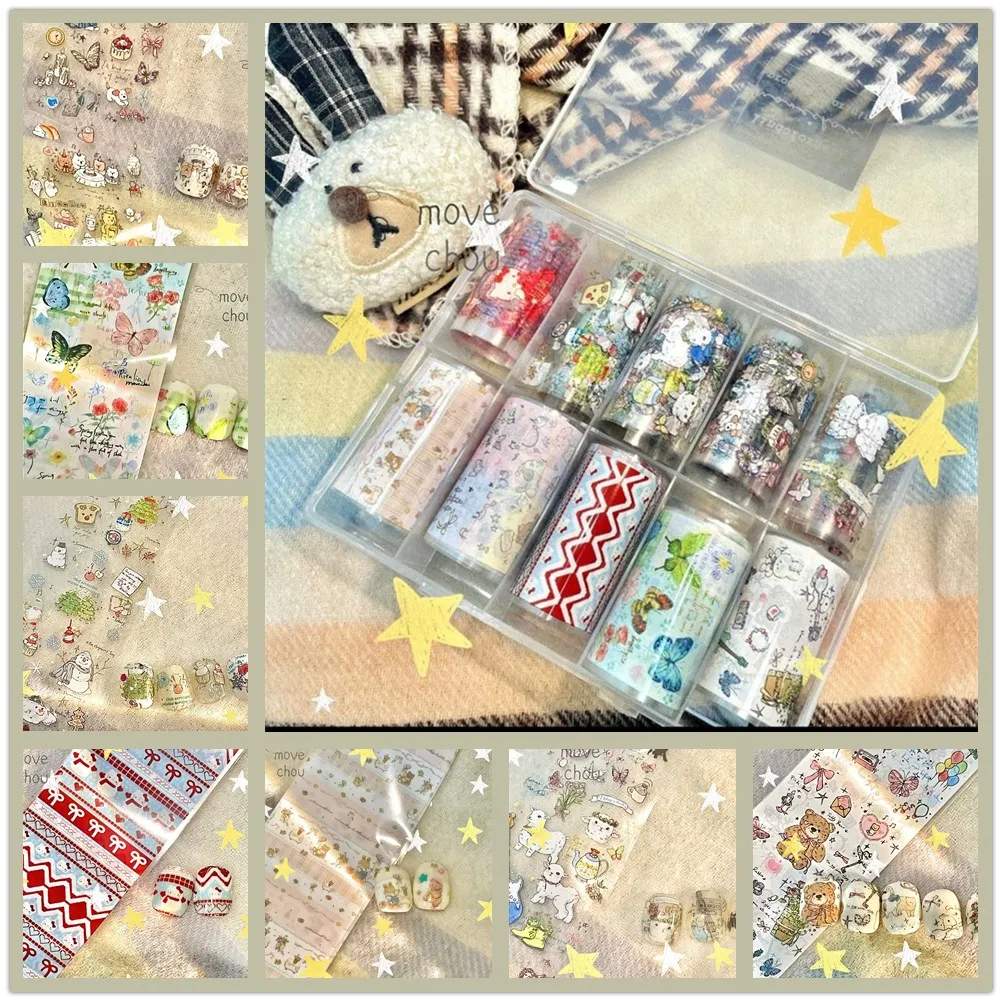 10Rolls Flower Lace Plaid  Bow  Nail Foils Transfer Paper  Nail Art Stickers  Manicure Set Decal  Nails Decoration