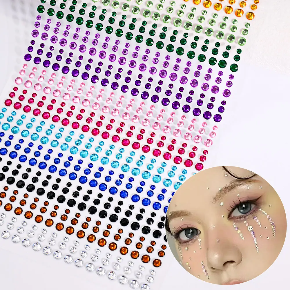 162/216/900pcs Eye&Face&Body Diamond Tattoos Stickers 3/4/5/6mm Colored Glitter Rhinestone Tattoo for Party Makeup Gem Accessory