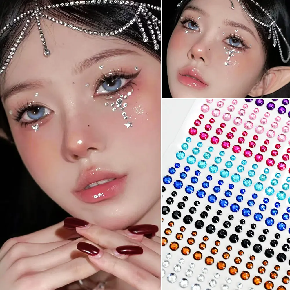 162/216/900pcs Eye&Face&Body Diamond Tattoos Stickers 3/4/5/6mm Colored Glitter Rhinestone Tattoo for Party Makeup Gem Accessory
