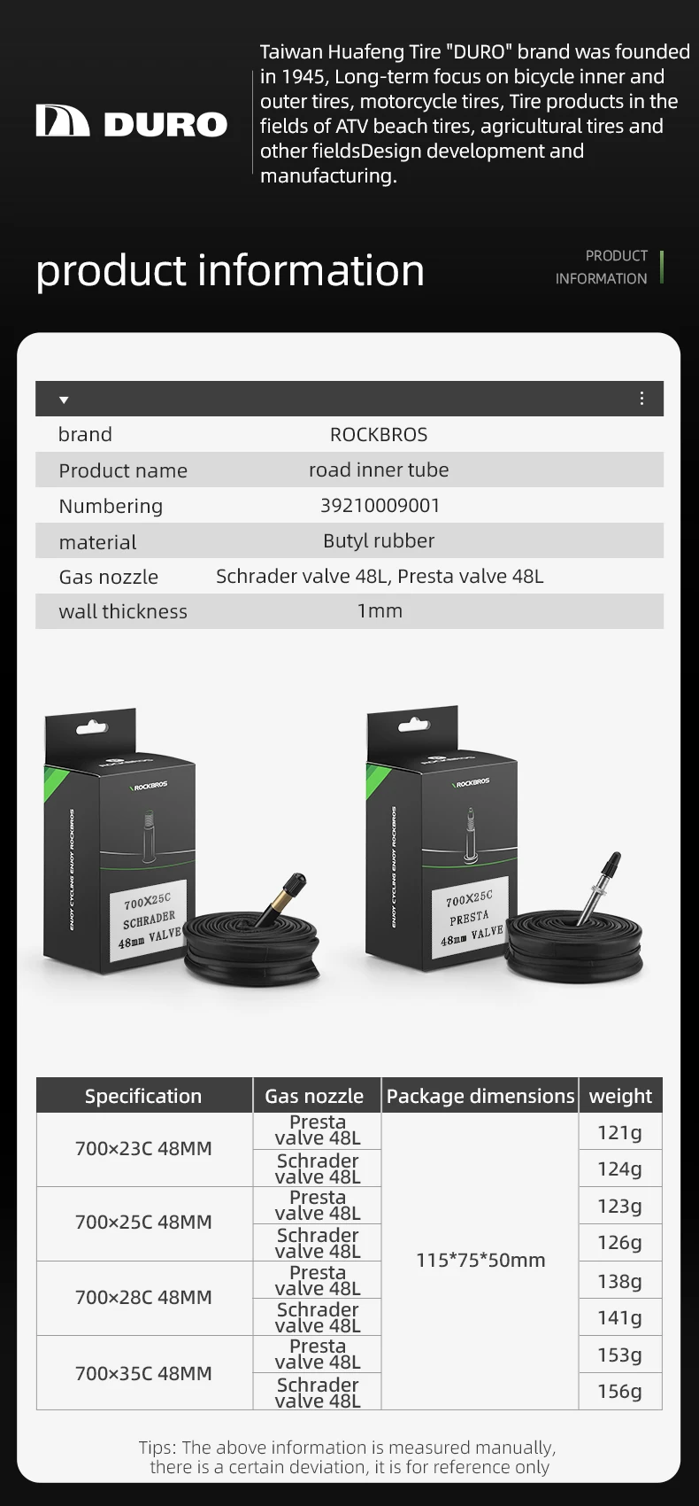 ROCKBROS Bicycle Inner Tube 700C Road Bike Tube 700*23C 25C 28C 35C Schrader Presta Valve Butyl Rubber Cycling Inner Tube