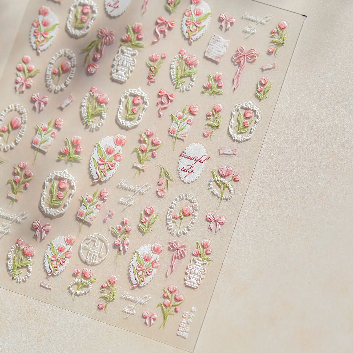 Camellia Flower Blooming Petal Floral Blue Leaves Chinese Characters Poetry Golden 5D Nail Art Sticker Adhesive Manicure Decal