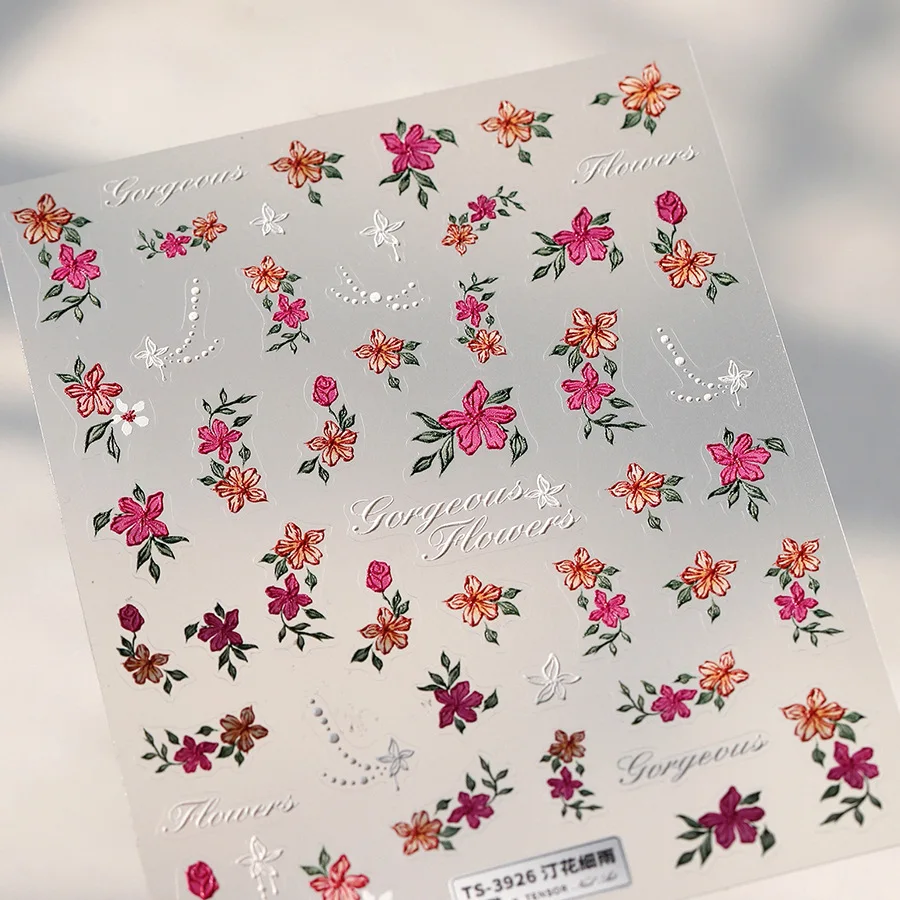 Camellia Flower Blooming Petal Floral Blue Leaves Chinese Characters Poetry Golden 5D Nail Art Sticker Adhesive Manicure Decal